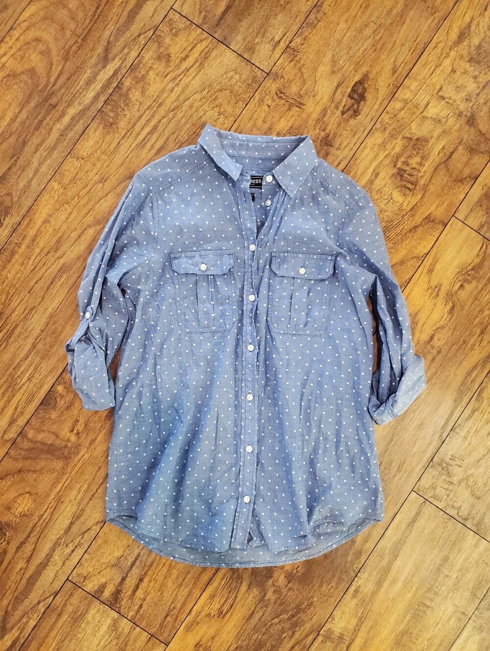 Express Original Blue Chambray Polka Dot Portofino Shirt Small